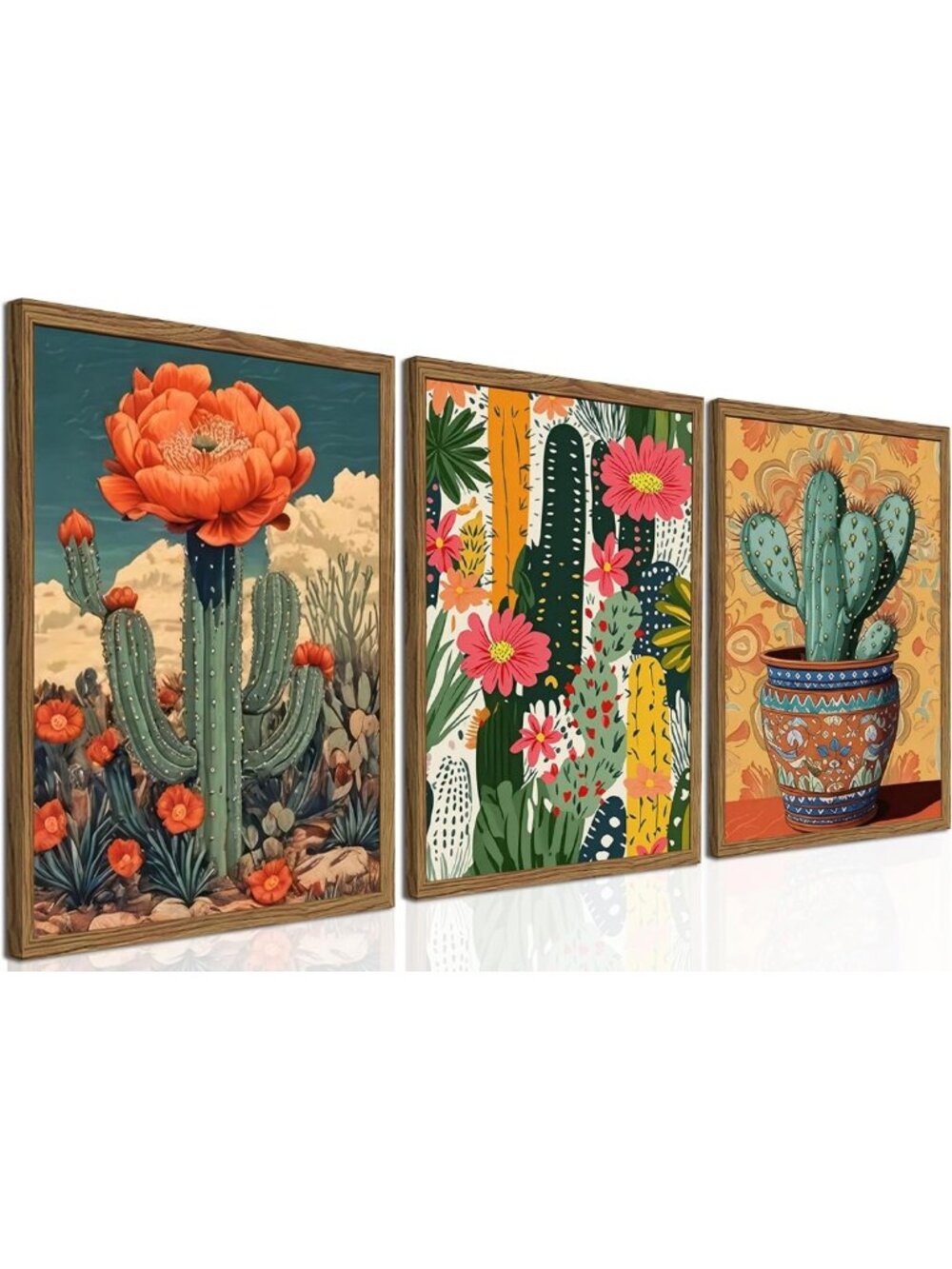 Set of 3 Framed Vintage Cactus Canvas Wall Art - Boho Southwestern Decor 12x16